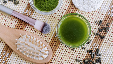 Matcha tea powder and ingredients for natural hair growth care routine
