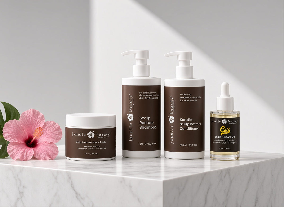 Janelle Beauty four-step scalp care routine with scrub, shampoo, conditioner and oil