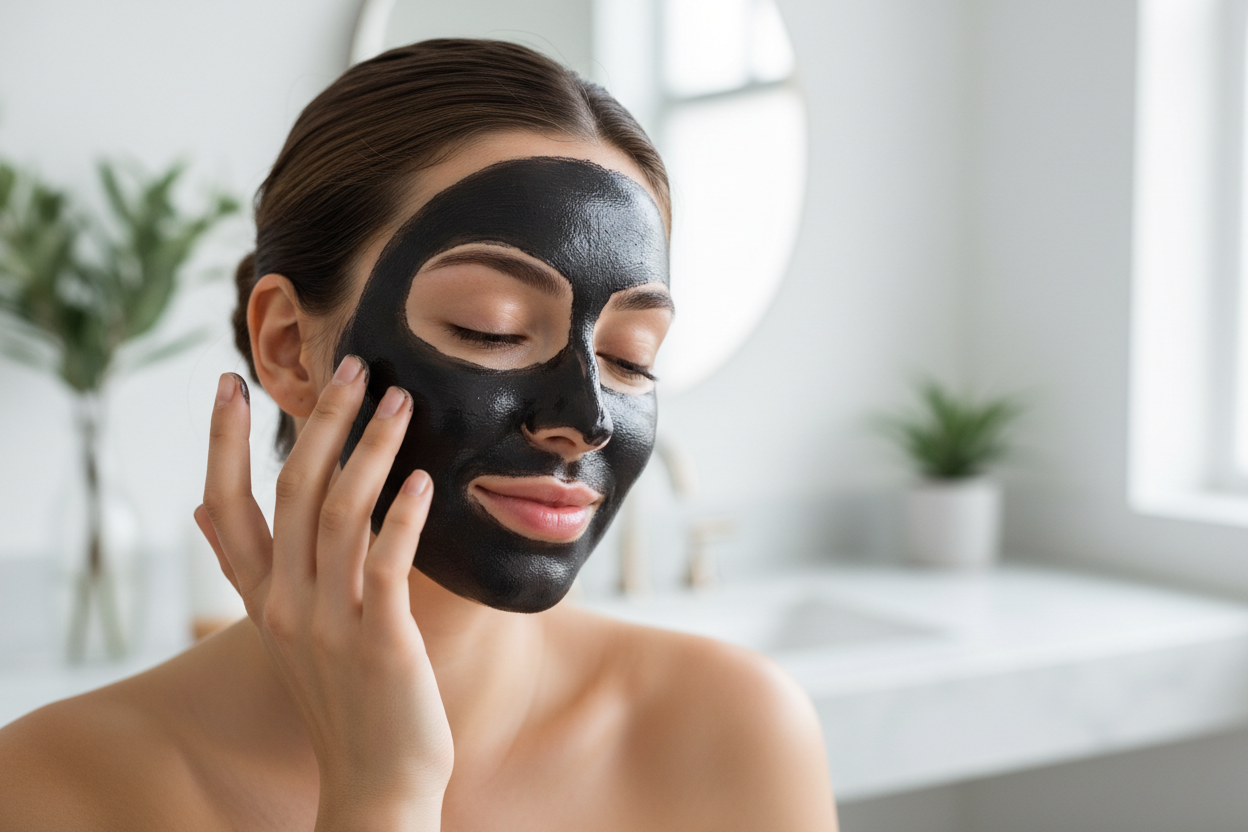 woman applying charcoal mask